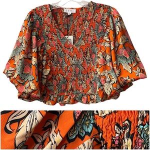 THML Pink and Orange Flutter Sleeve Crop Blouse